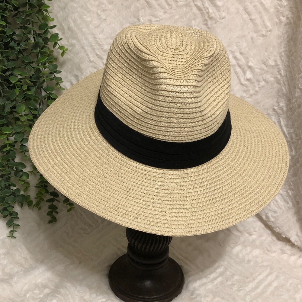 New Panama Straw Fedora Sun Hat in Natural with Black Cotton Band & 3" Brim